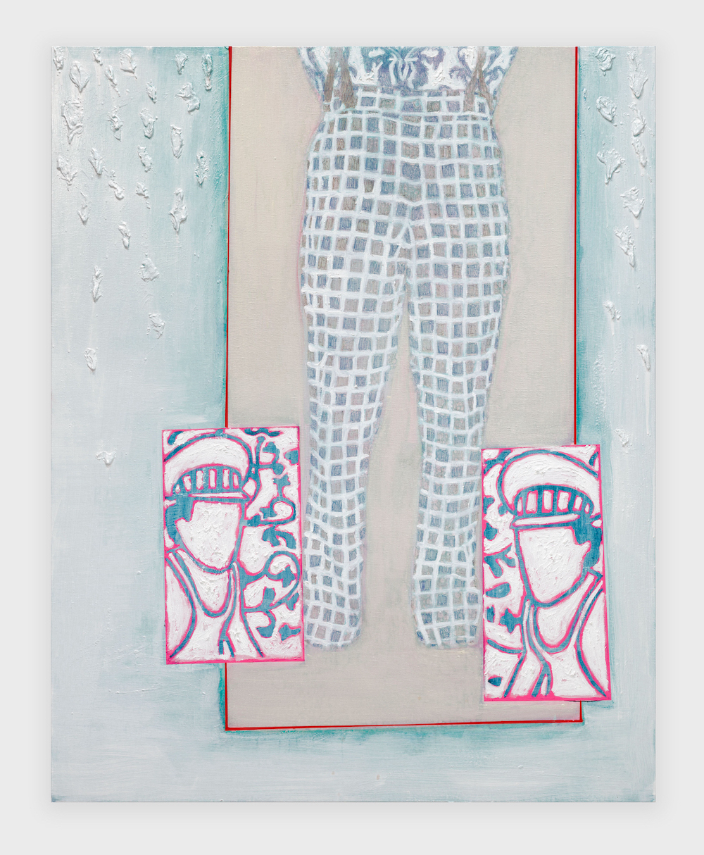 <i>Fortunate Son</i>, 2024. Ballpen, rabbitskinglue, pigments, acrylic and oil on canvas, 59 x 47 1/4 in (150 x 120 cm)